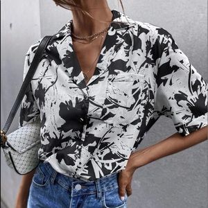 Black and white leaf pattern blouse